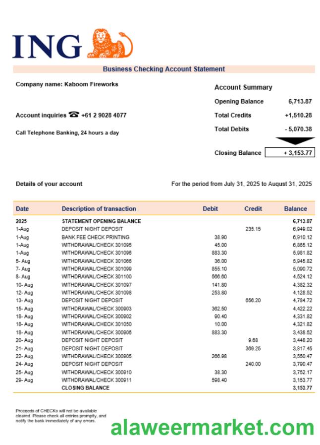 ING Direct business bank statement Word and PDF format